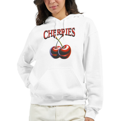 White Women's Y2K Cherries Hoodie with bold CHERRIES print, worn by a model.