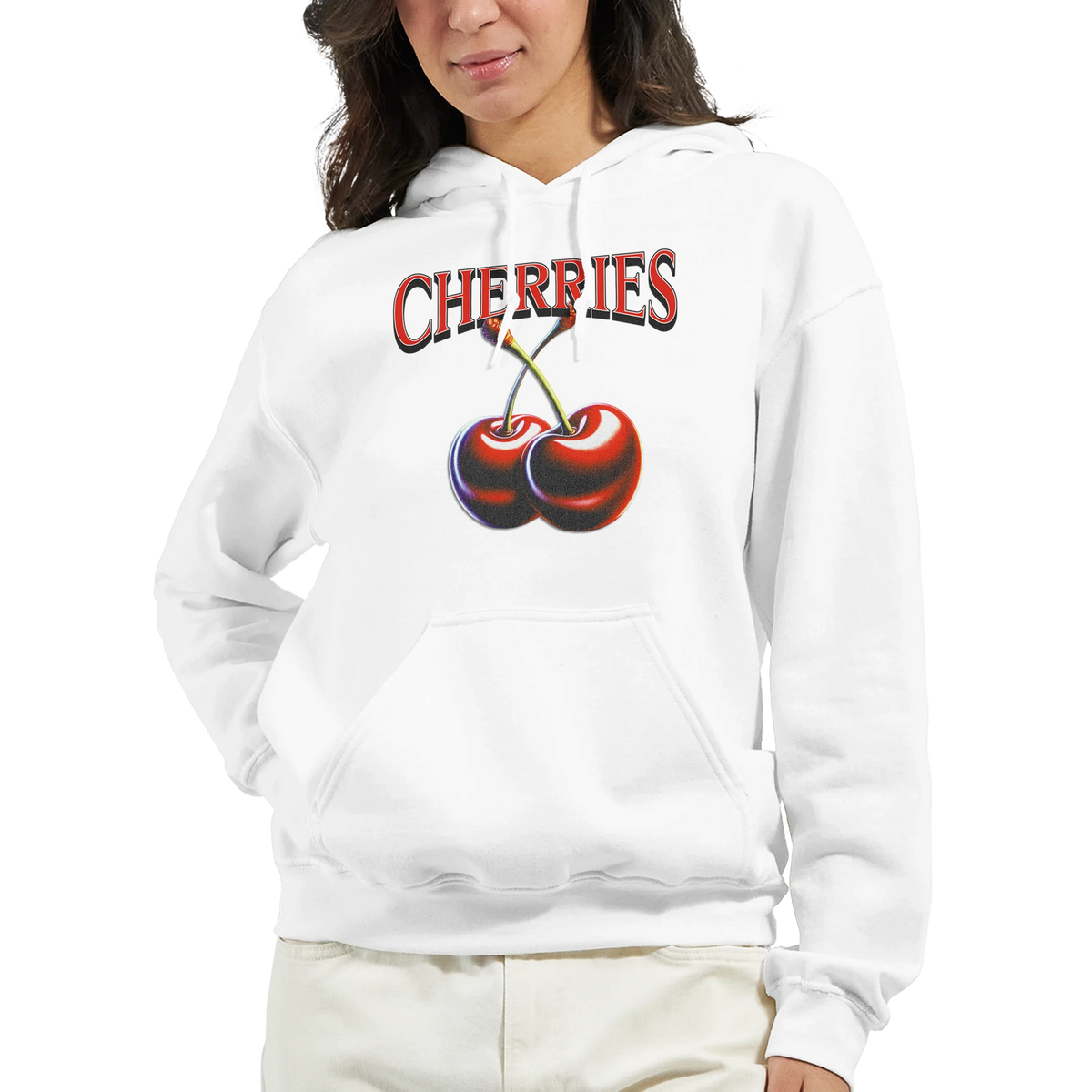 White Women's Y2K Cherries Hoodie with bold CHERRIES print, worn by a model.