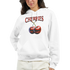 White Women's Y2K Cherries Hoodie with bold CHERRIES print, worn by a model.