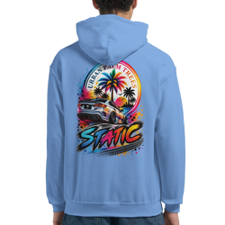 Blue men's hoodie back with colorful静态Slammed car and Urban Palm Trees sunset graphic design for petrolhead streetwear.