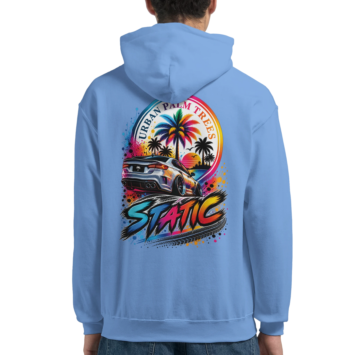 Blue men's hoodie back with colorful静态Slammed car and Urban Palm Trees sunset graphic design for petrolhead streetwear.