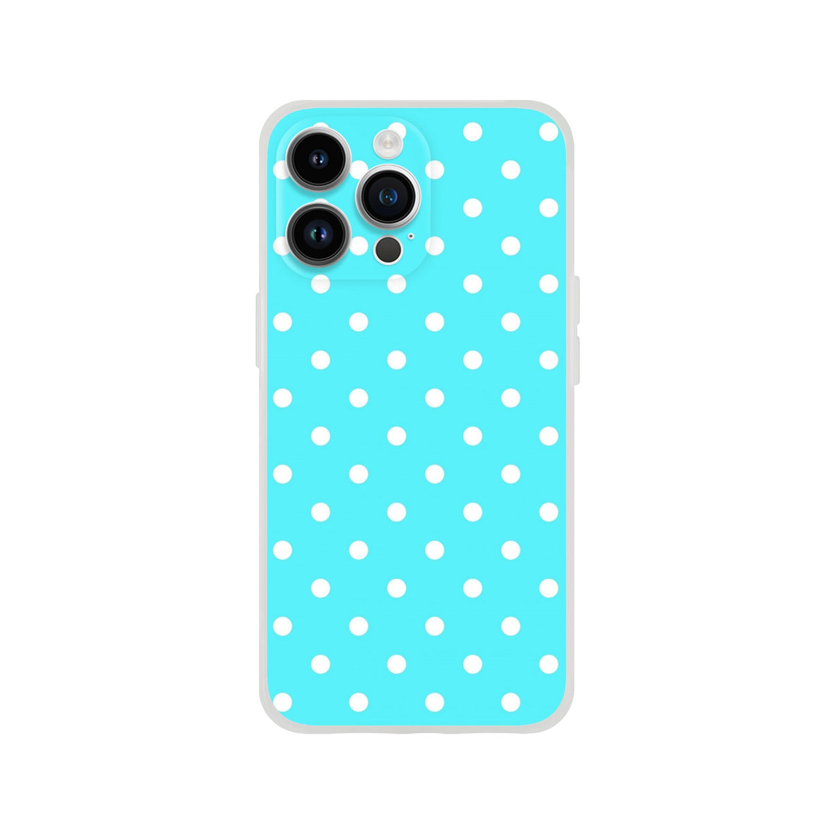 Retro aqua blue iPhone case with white polka dots. Shock-absorbing TPU cover with matte finish for Models 13-16.