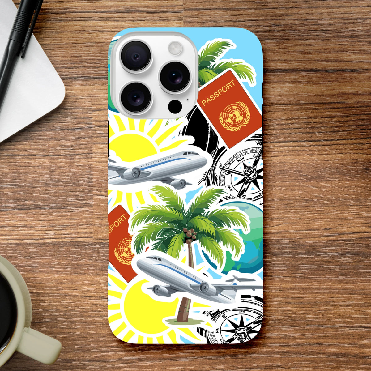 Tough iPhone case featuring travel stickers with palm trees, airplanes, passport, and compass on a blue background.