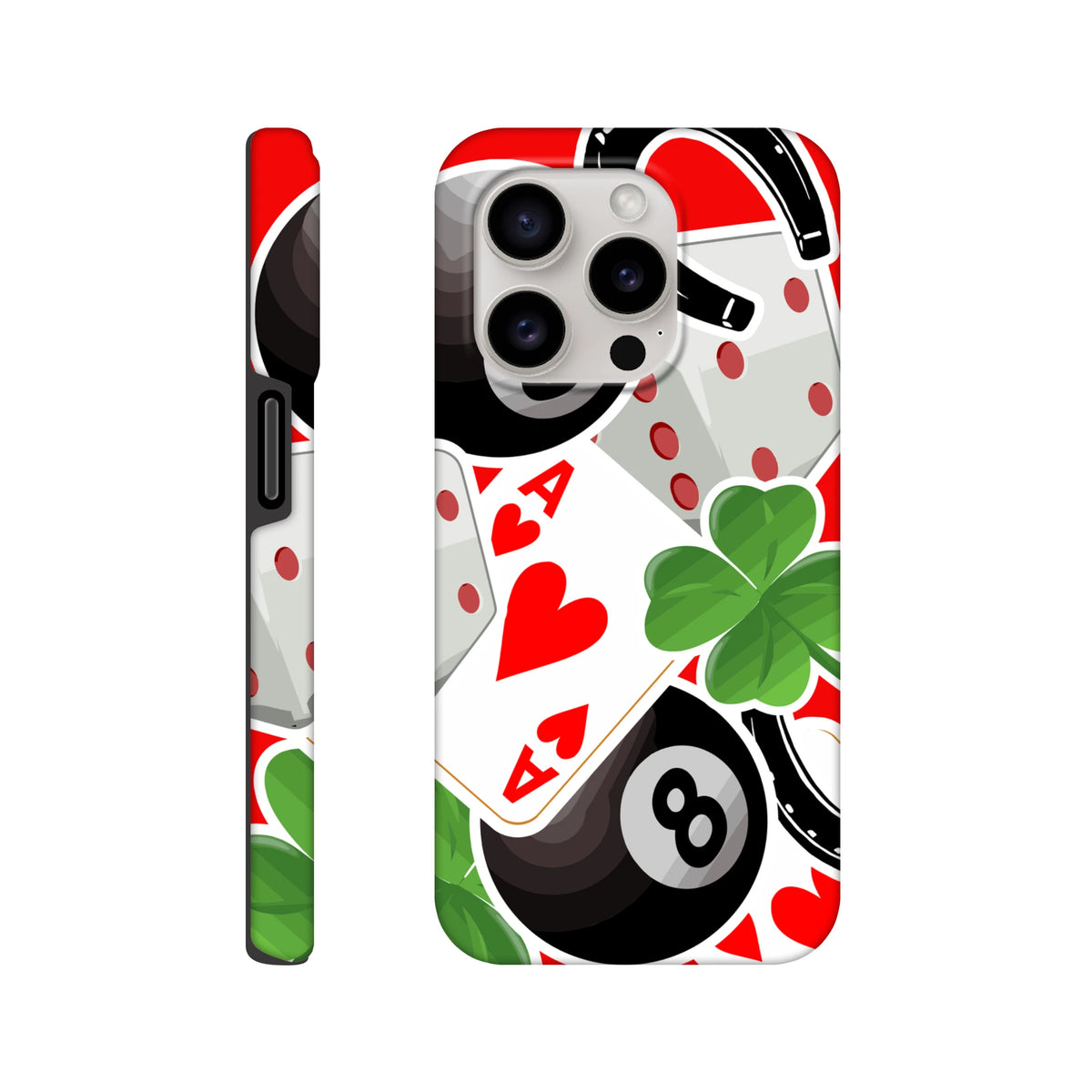Lucky charm iPhone case featuring 8-ball, ace of hearts, and four-leaf clover street graphics for impact-resistant protection.