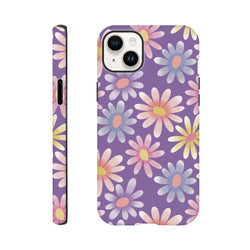 Purple retro floral iPhone case featuring pastel daisies with soft pink and yellow gradients on a shock-absorbing TPU cover.