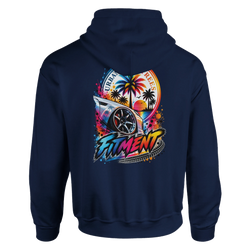Back of navy Fitment petrolhead hoodie featuring colorful modified car graphic with palm trees and Urban Trees text.

(117 characters)