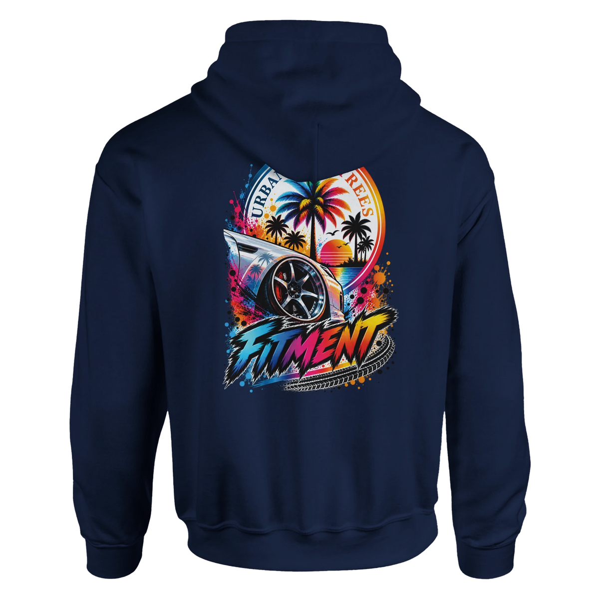 Back of navy Fitment petrolhead hoodie featuring colorful modified car graphic with palm trees and Urban Trees text.

(117 characters)