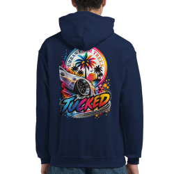 Navy blue Tucked Petrolhead hoodie featuring a colorful back graphic of a lowered car, palm trees, and Urban Palm Trees text.