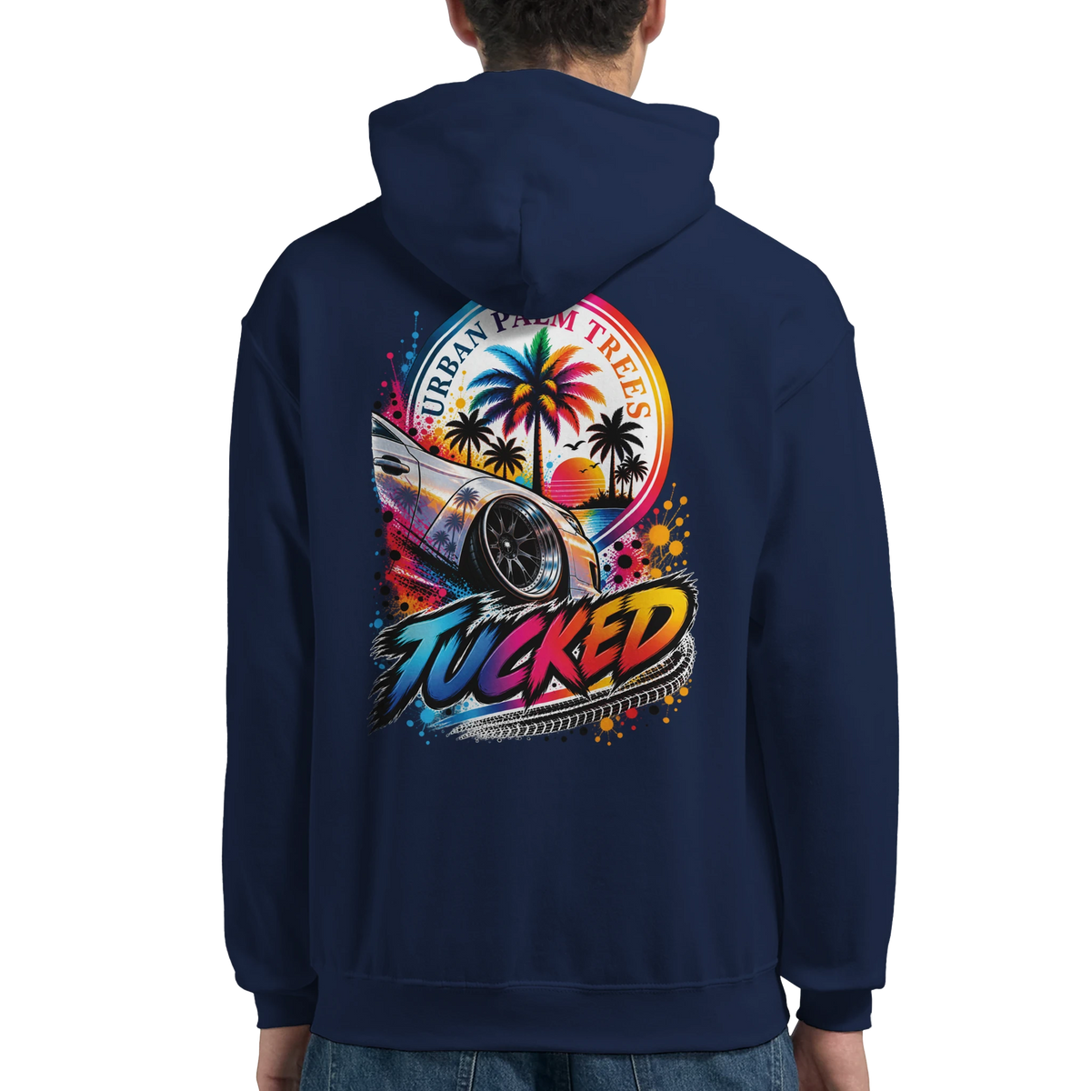 Navy blue Tucked Petrolhead hoodie featuring a colorful back graphic of a lowered car, palm trees, and Urban Palm Trees text.