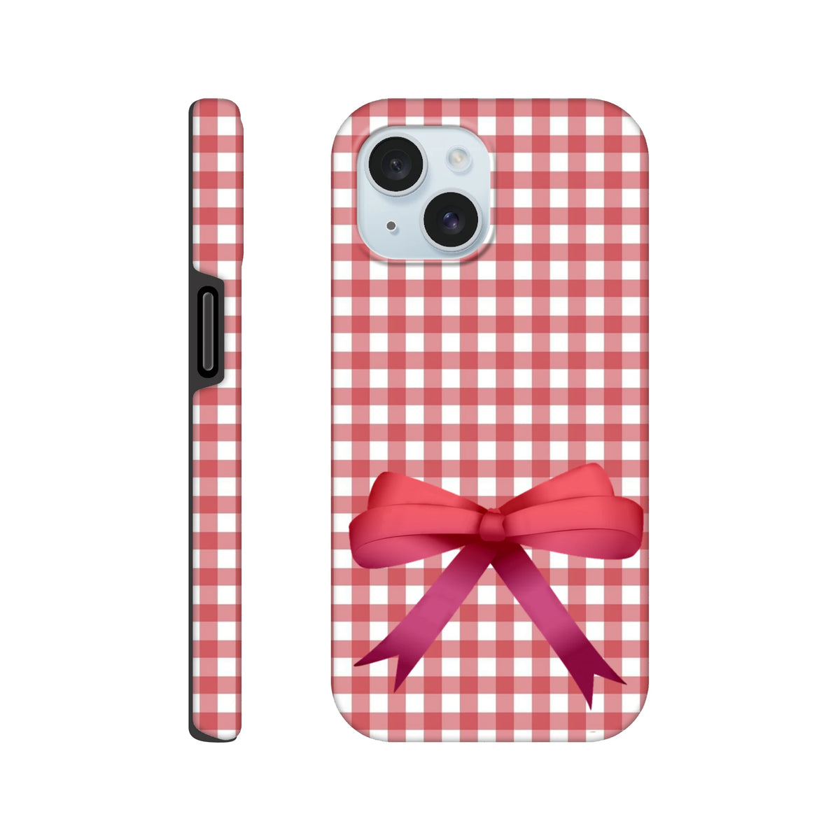 Red gingham iPhone case featuring a large red 3D bow. Cute coquette style tough cover with wraparound print for streetwear aesthetic.