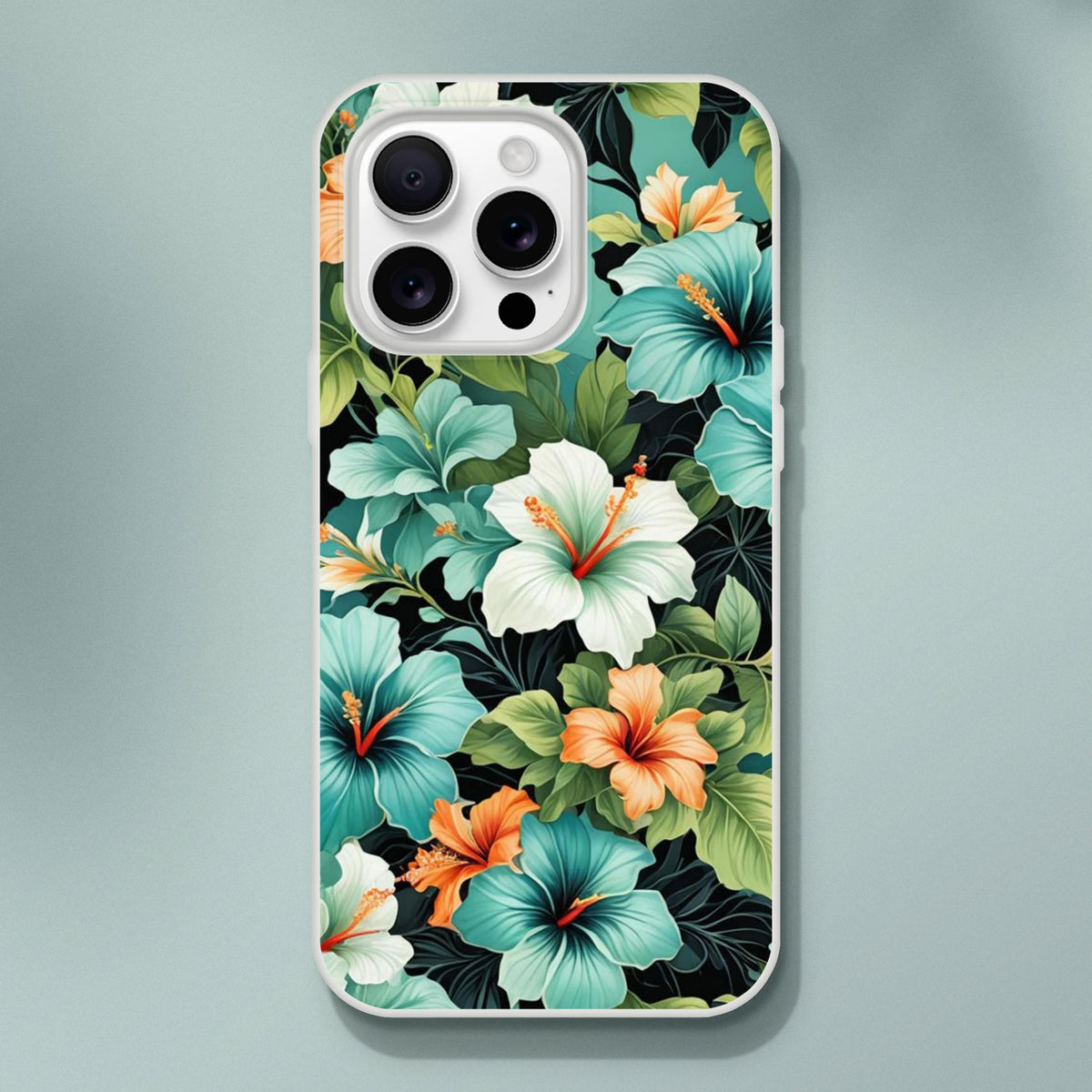 Tropical hibiscus floral iPhone case (13-16) with hibiscus blossoms on a teal-green background.