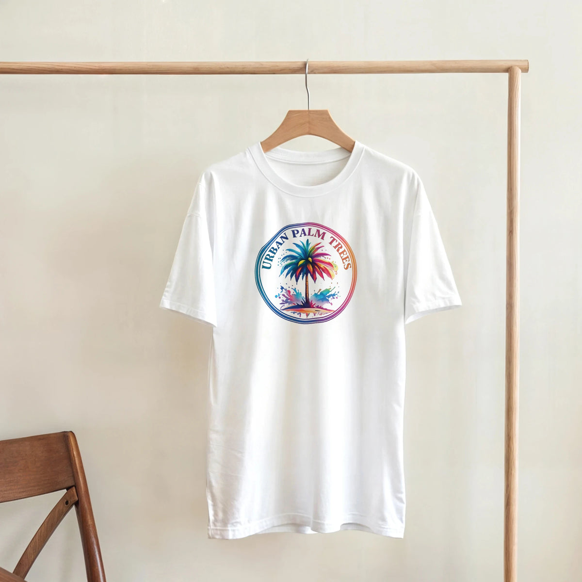 Urban Palm Trees tee on hanger with colorful circular palm tree graphic