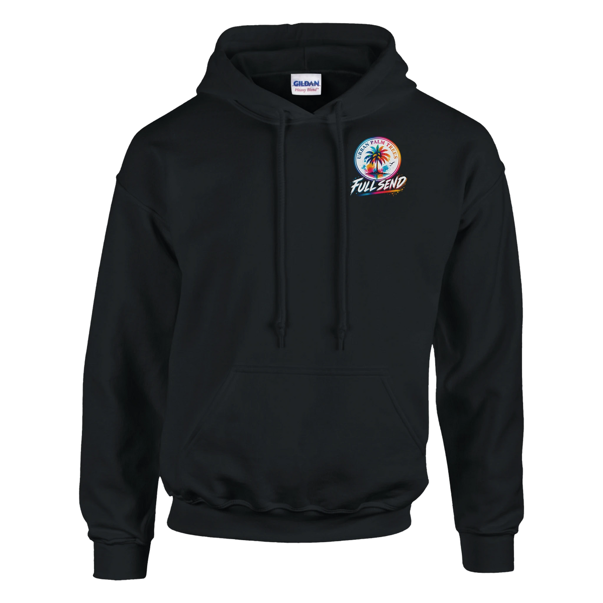 Black Tucked Petrolhead Hoodie featuring a colorful Urban Palm Trees and Full Send logo on the chest for modified car culture streetwear.