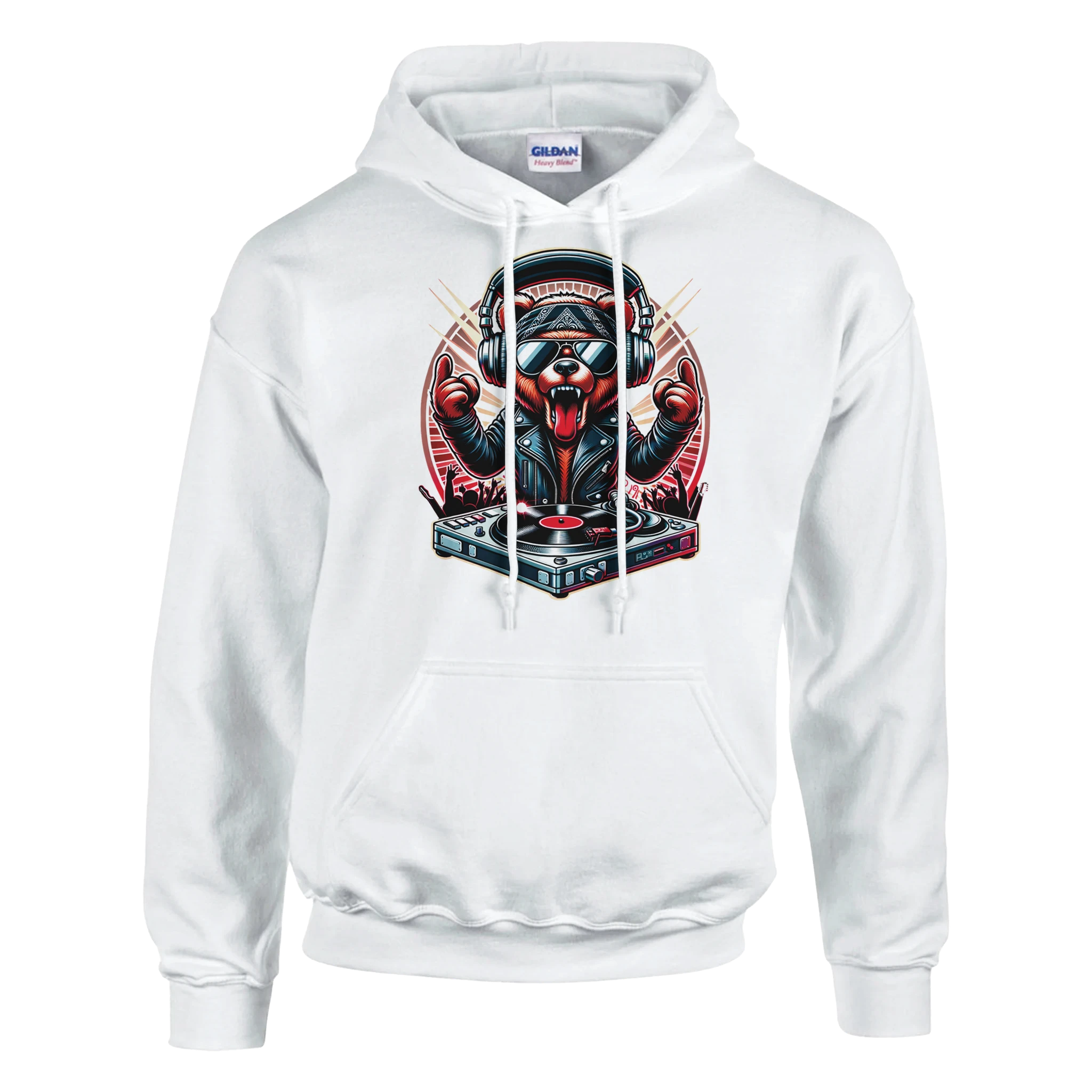 White hoodie with bold DJ Bear graphic featuring a bear in sunglasses wearing headphones at a turntable.
