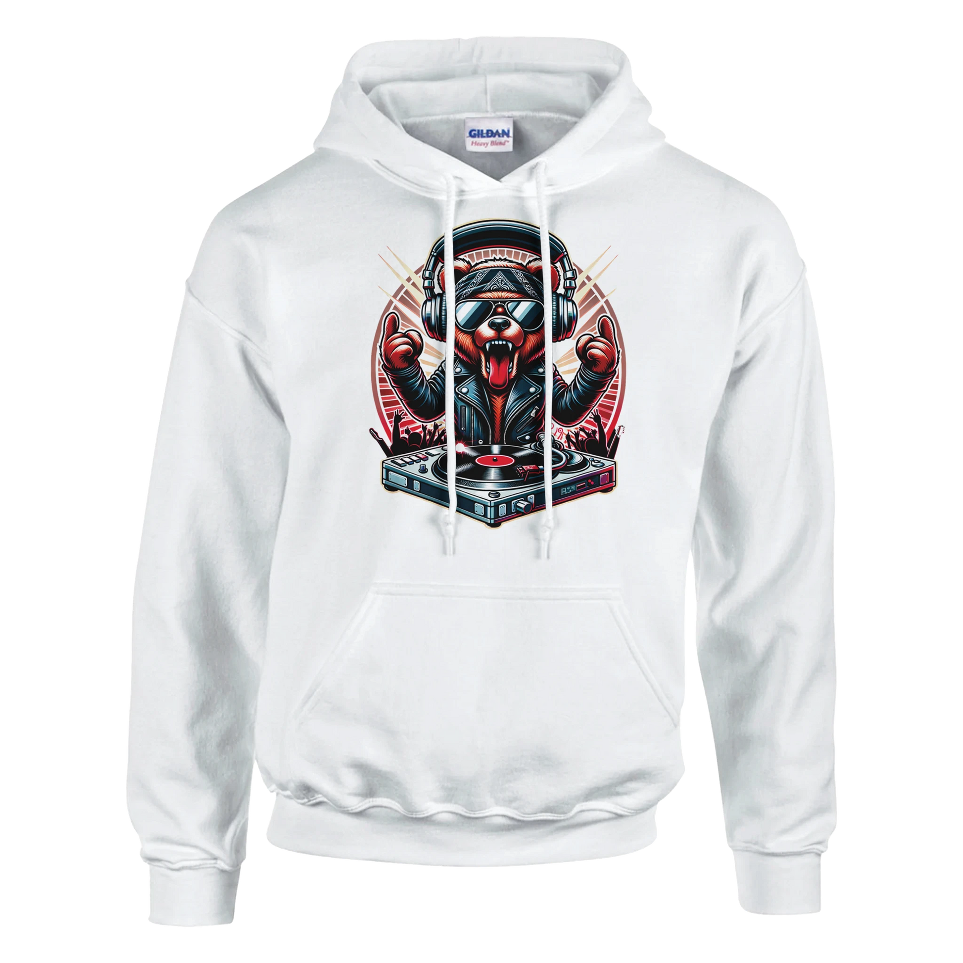 White men's bear hoodie with a graphic design of a bear DJ on a white background