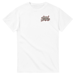 White JDM men's t-shirt featuring small Urban Palmtrees streetwear graphic on the chest for Japanese car culture style.