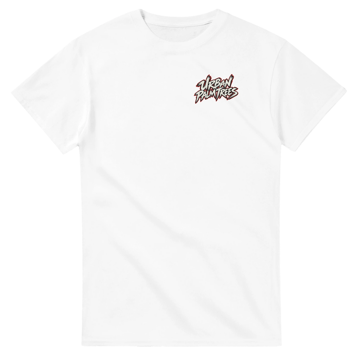 White JDM men's t-shirt featuring small Urban Palmtrees streetwear graphic on the chest for Japanese car culture style.