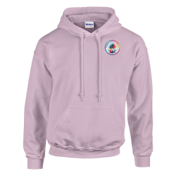 Lilac pullover hoodie featuring a colorful circular Urban Palm Trees logo on the chest with drawstrings and a front kangaroo pocket.