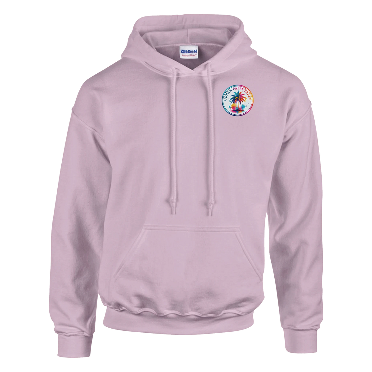 Lilac pullover hoodie featuring a colorful circular Urban Palm Trees logo on the chest with drawstrings and a front kangaroo pocket.