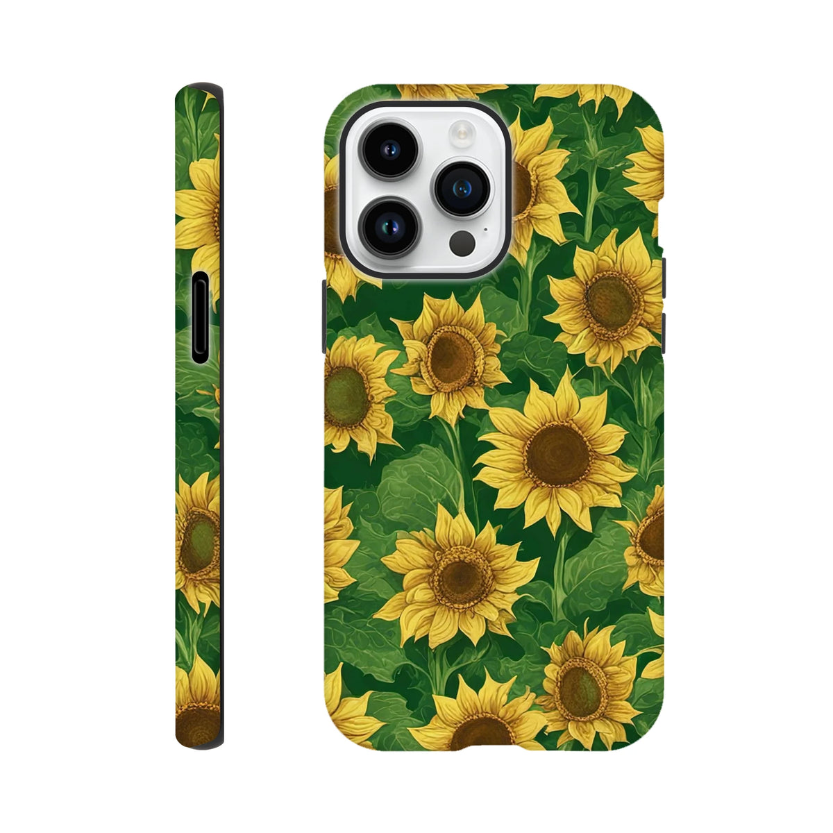 Tough sunflower iPhone case with bold yellow floral print on green background, offering protection and streetwear style for modern phones.