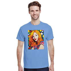 Blue t-shirt featuring colorful retro Pop Art graphic of a blonde woman with vibrant polka dots and bold graphic contrast.