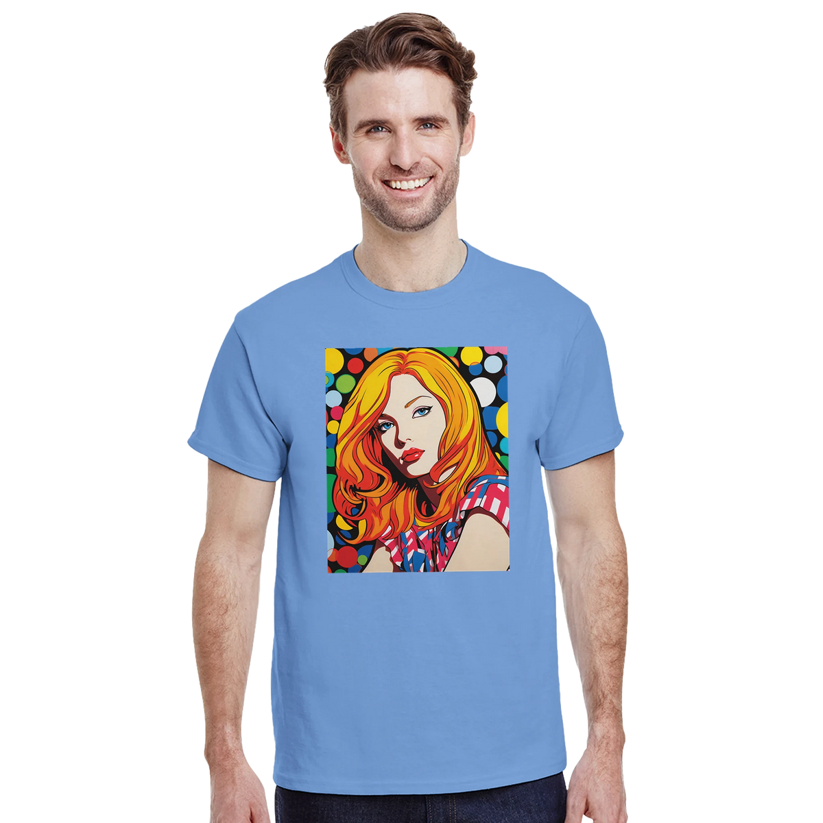Blue t-shirt featuring colorful retro Pop Art graphic of a blonde woman with vibrant polka dots and bold graphic contrast.