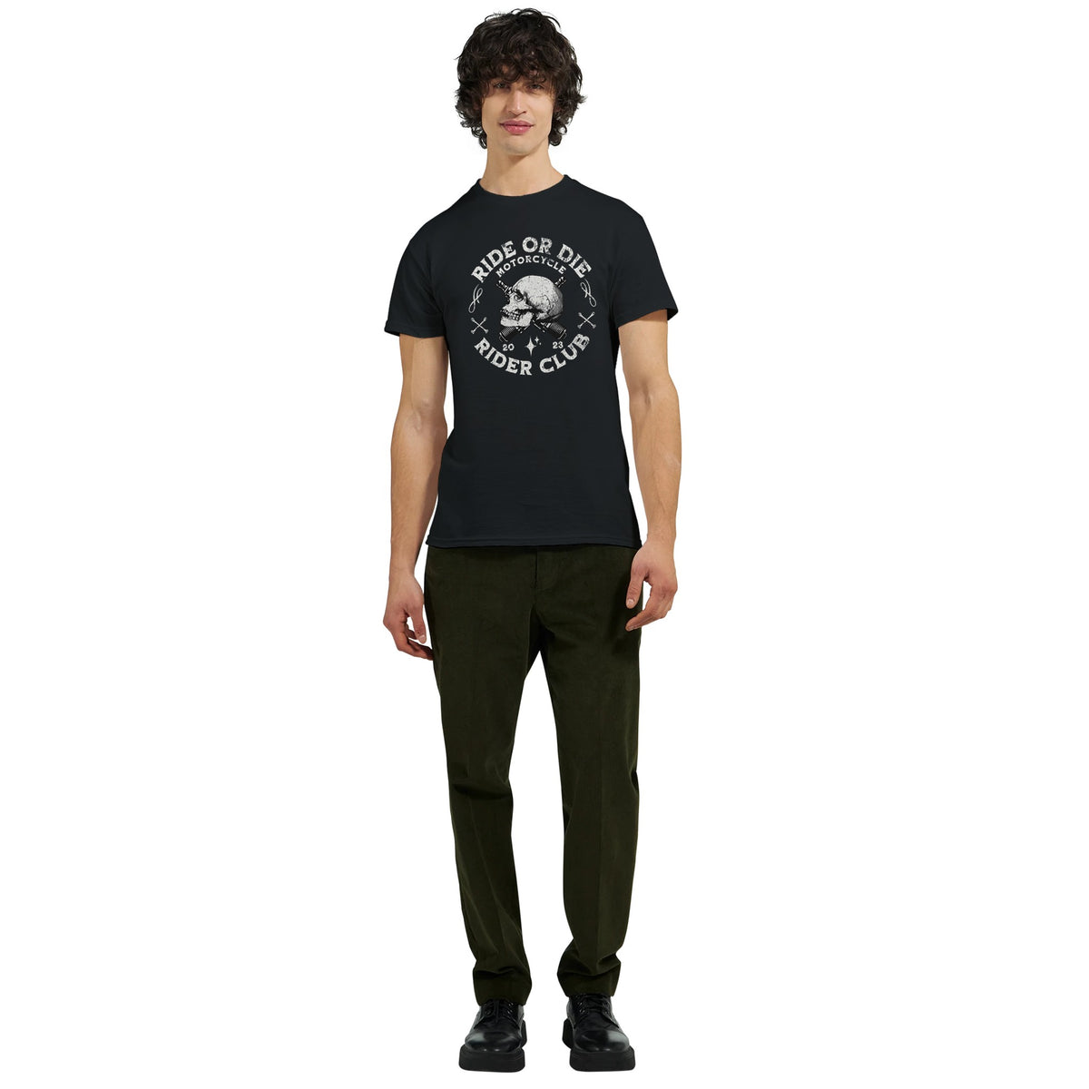 Man wearing black men's graphic T-shirt with skull and Ride or Die Motorcycle Club design.