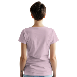 Back view of a woman wearing Pastel Stripe Gold Star Graphic T-Shirt for Women - a pastel pink retro tee.