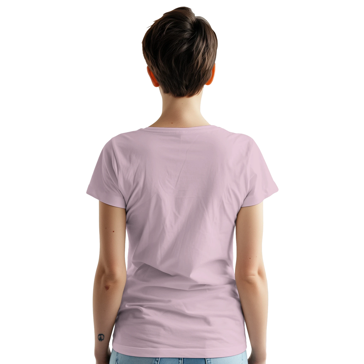Back view of a woman wearing Pastel Stripe Gold Star Graphic T-Shirt for Women - a pastel pink retro tee.