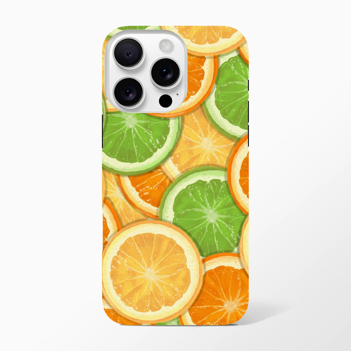 Vibrant orange and lime slice pattern on a durable iPhone case designed for daily drop protection on models 13 through 16.