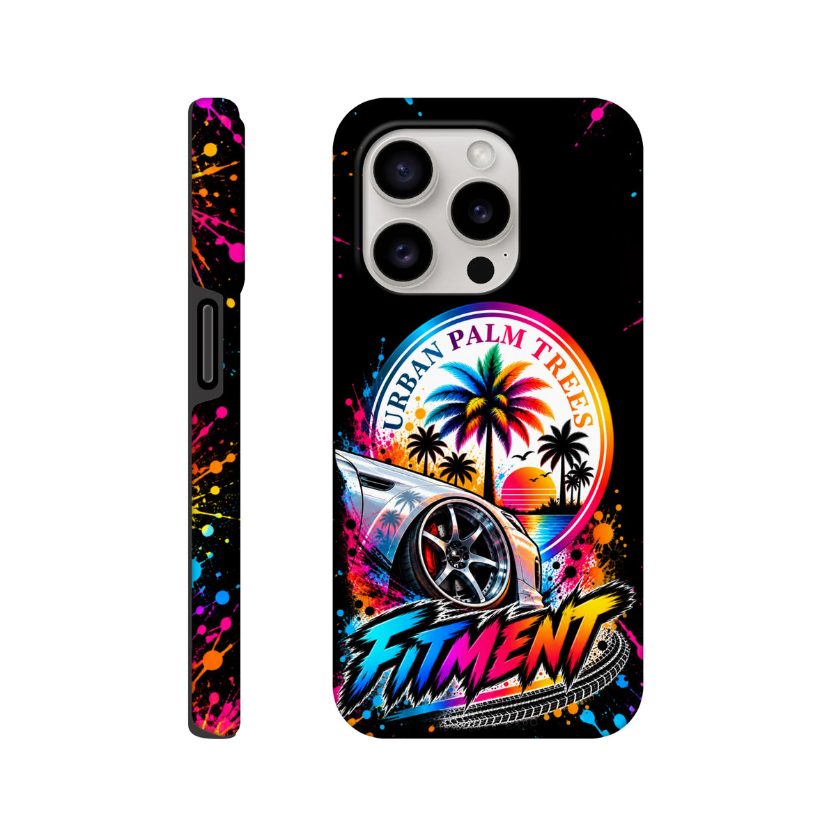 Black iPhone case with urban Modified car culture art, featuring a lowered car, palm trees, and "FITMENT" text with colorful paint splatters.