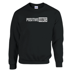 Black sweatshirt with bold 'POSITIVE VIBES' slogan on chest, cozy women's streetwear top.