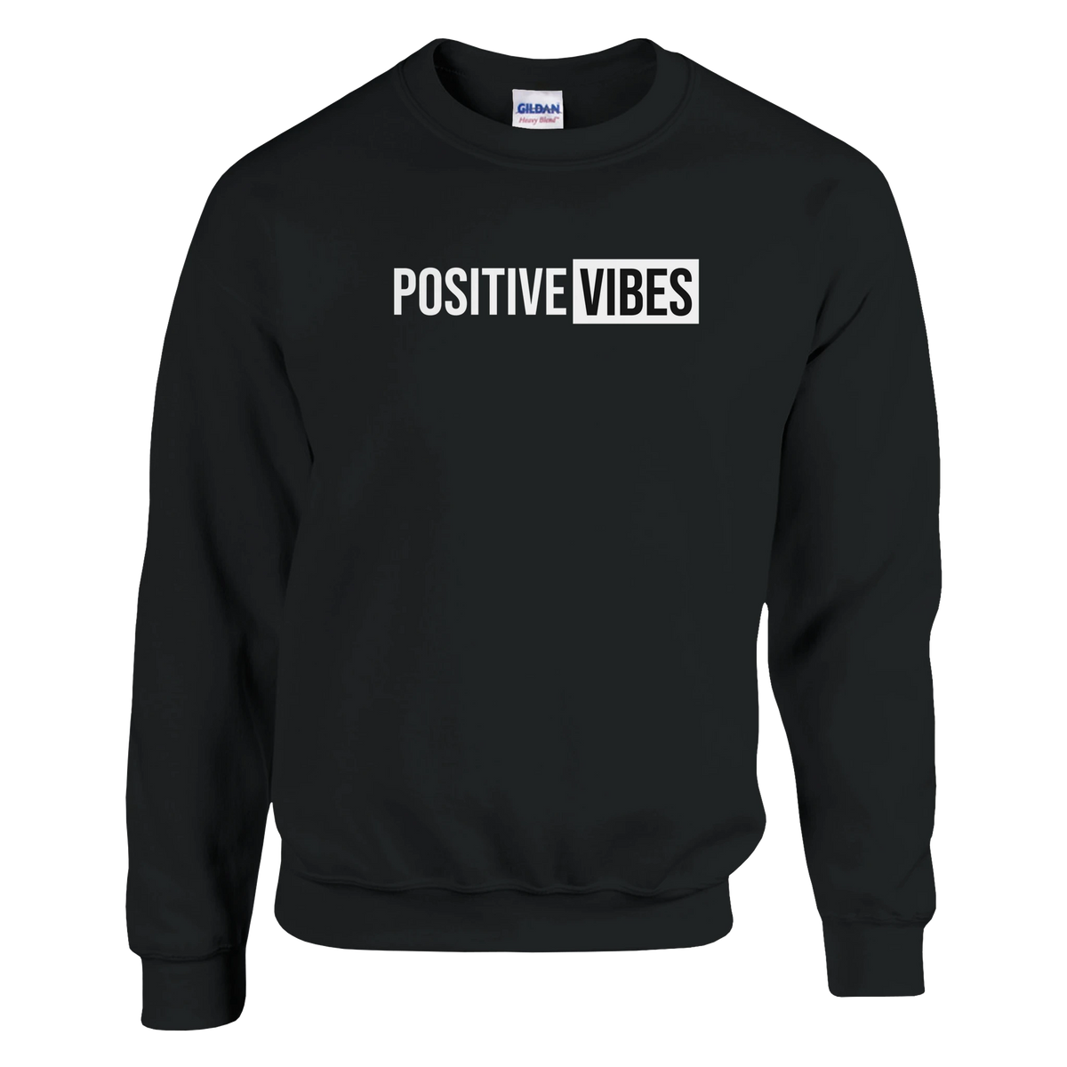 Black sweatshirt with bold 'POSITIVE VIBES' slogan on chest, cozy women's streetwear top.