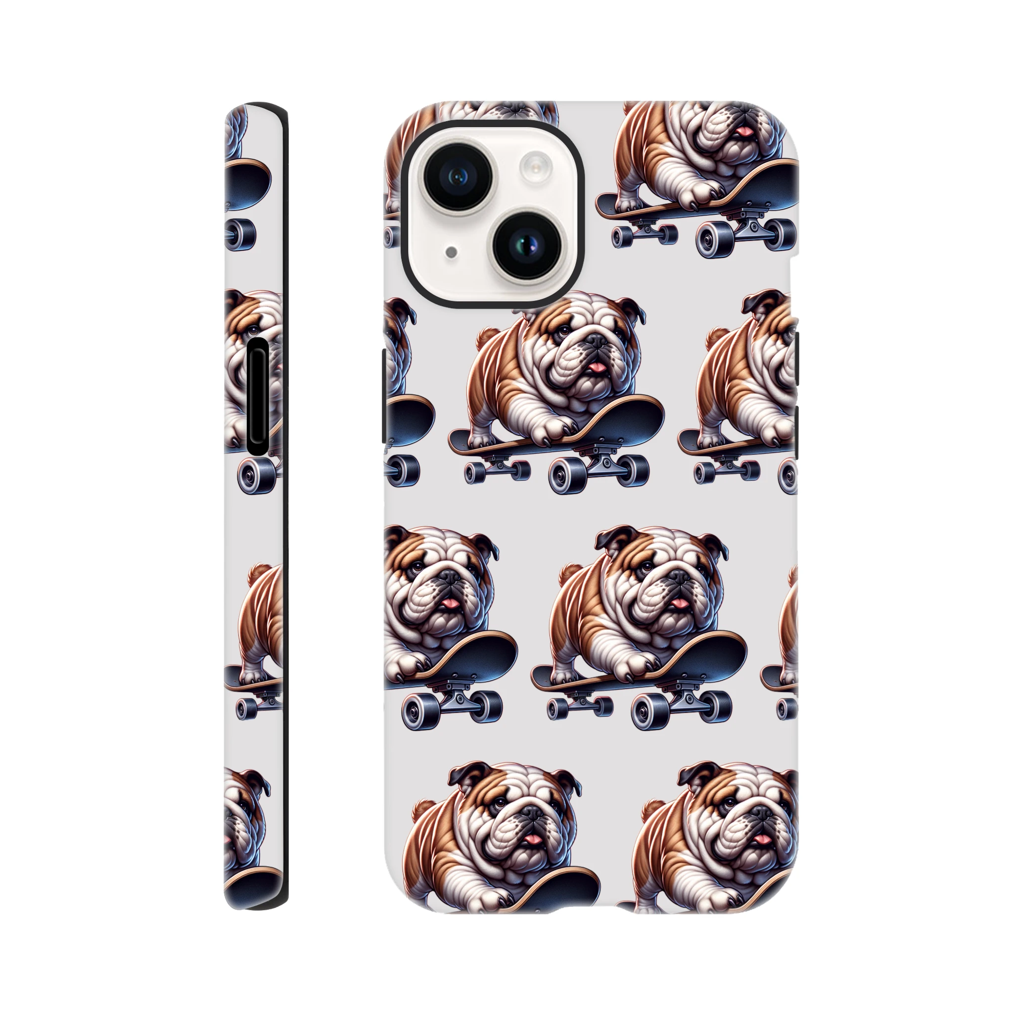 Dual-layer rugged iPhone case featuring a repeating bulldog on skateboard pattern with wraparound print.