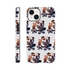 Dual-layer rugged iPhone case featuring a repeating bulldog on skateboard pattern with wraparound print.