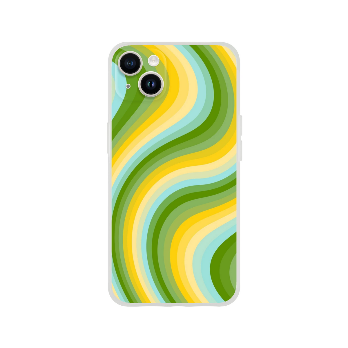 Retro Green & Yellow Wave iPhone Case (13-16) with groovy Y2K swirl, slim matte shell, shock protection