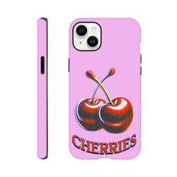 Pink tough iPhone case featuring retro Y2K cherry graphic and bold CHERRIES text for durable everyday protection.