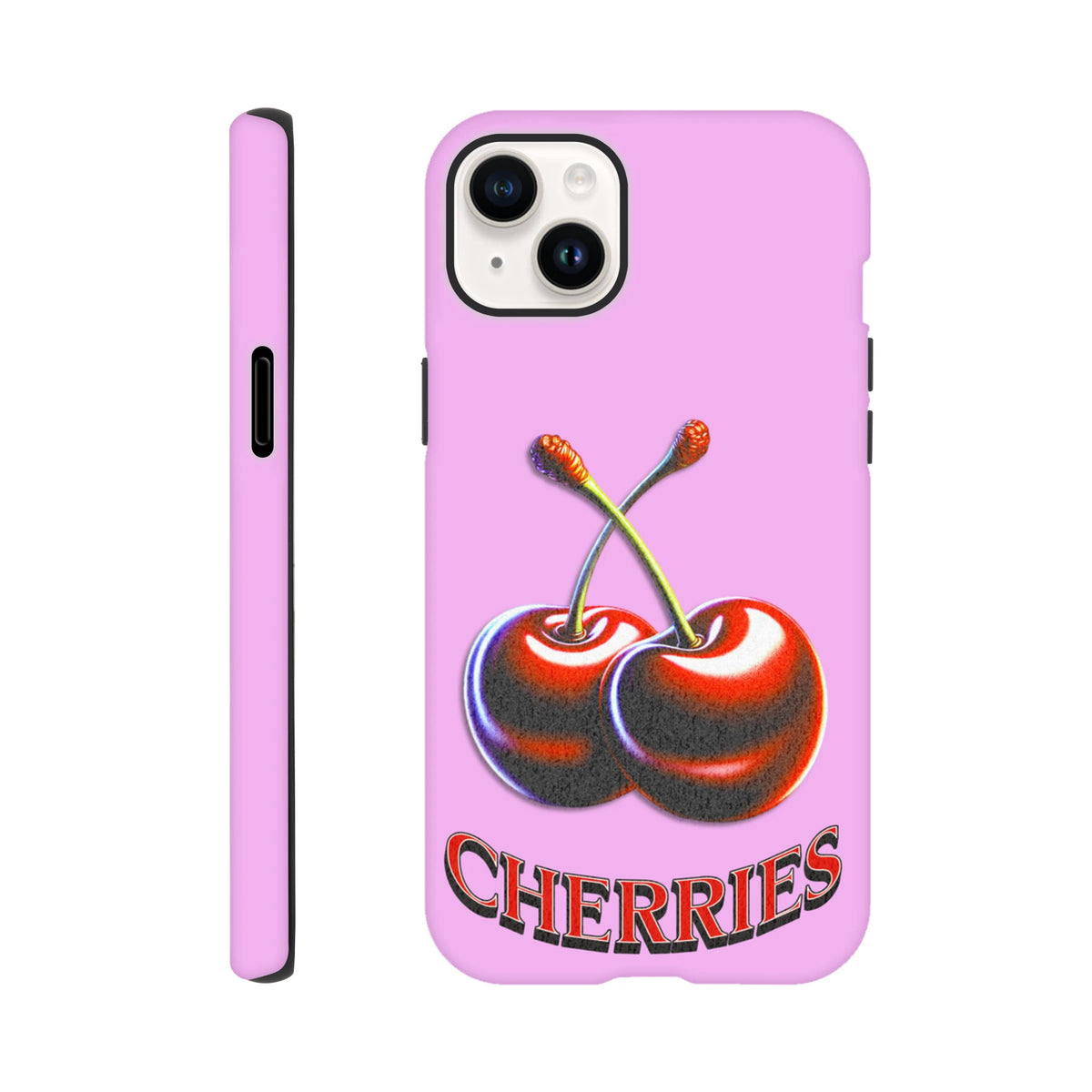 Pink tough iPhone case featuring retro Y2K cherry graphic and bold CHERRIES text for durable everyday protection.