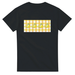 Women's black tee with lemon gingham panel and yellow lemon motif.