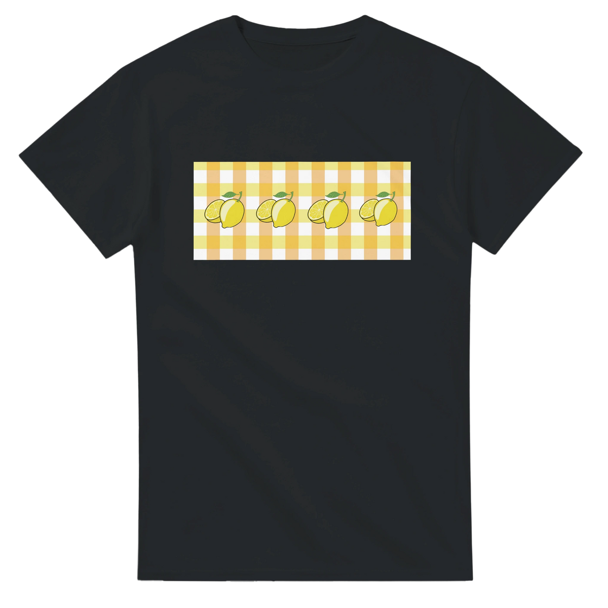 Women's black tee with lemon gingham panel and yellow lemon motif.