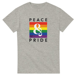 Grey Pride LGBTQ men's graphic tee with rainbow square and PEACE & PRIDE text.