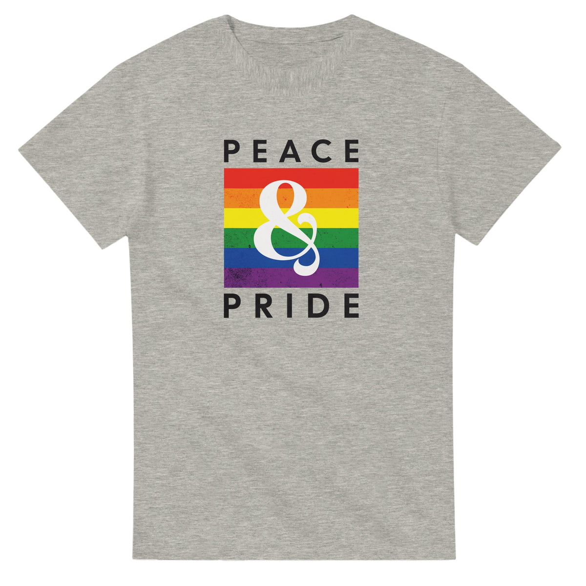 Grey Pride LGBTQ men's graphic tee with rainbow square and PEACE & PRIDE text.