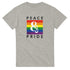 Grey Pride LGBTQ men's graphic tee with rainbow square and PEACE & PRIDE text.