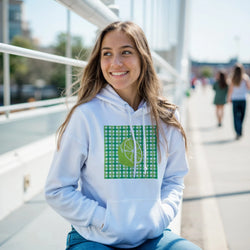 White pullover hoodie featuring a retro green gingham square with a vintage lime slice graphic and kangaroo pocket.