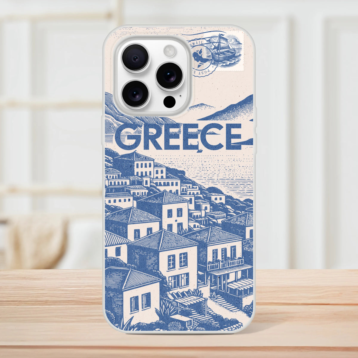 Vintage Greece postcard iPhone case for iPhone 13-16 with blue ink illustration on cream background