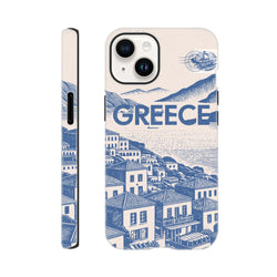 Vintage Greece iPhone case featuring a blue and cream Mediterranean village illustration with bold typography and airmail stamp detail.
