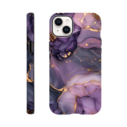 Luxury purple and gold marble iPhone case with abstract fluid art design and metallic gold accents for iPhone 13-16.