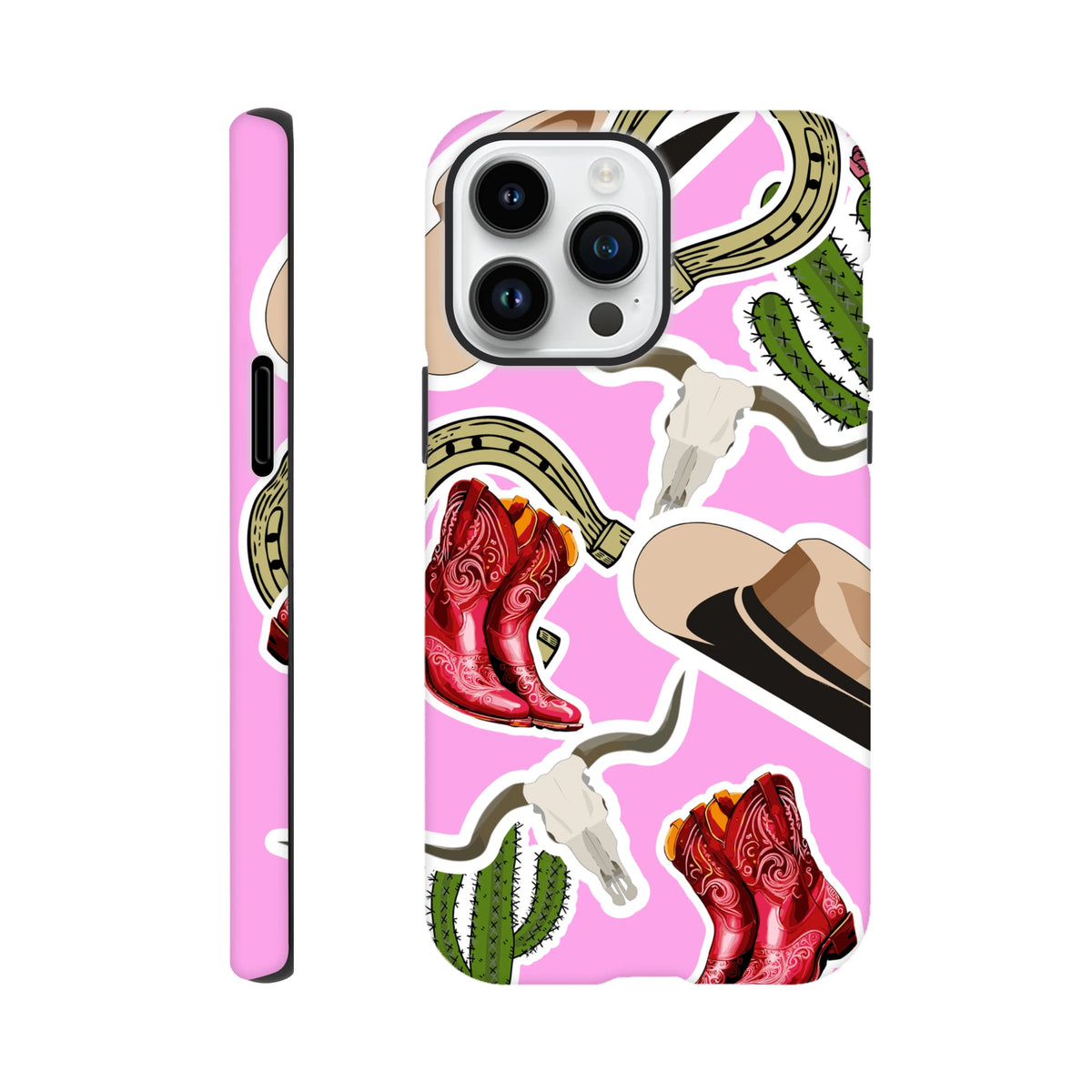 Pink western iPhone case featuring red cowboy boots, cactus, horseshoe, and longhorn skull desert designs for drop resistance.