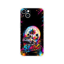 Colorful car culture iPhone case featuring a slammed silver sedan, palm trees, and vibrant paint splatters with the Static logo.