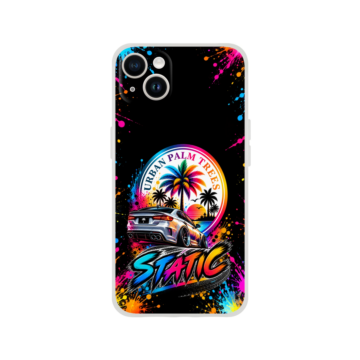 Colorful car culture iPhone case featuring a slammed silver sedan, palm trees, and vibrant paint splatters with the Static logo.